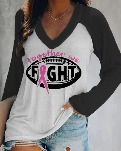 Women Together We Fight Cancer Awareness Pink Ribbon Football Lover Casual Long Sleeve T-Shirt