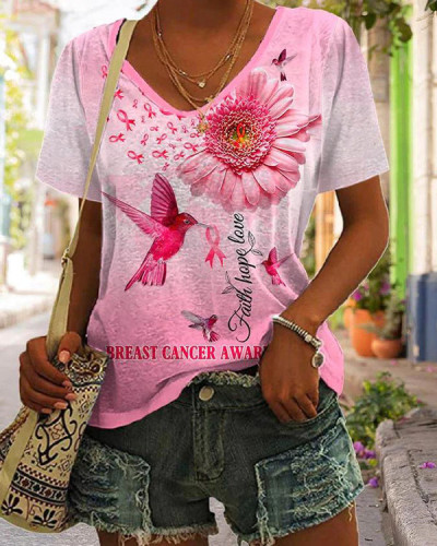 Faith Hope Love Breast Cancer Awareness Print T-Shirt