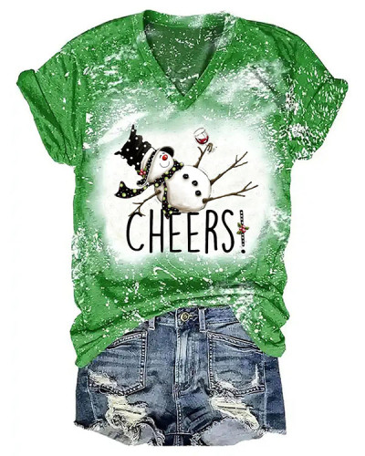 Women Cheers Christmas Drunk Snowman Print T-Shirt