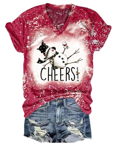 Women Cheers Christmas Drunk Snowman Print T-Shirt