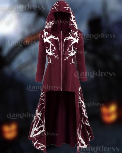 Halloween Cape Hooded Irregular Print Long-sleeve Coat