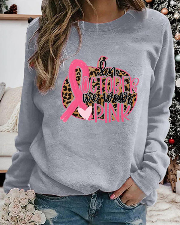 Women In October We Wear Pink Thanksgiving Heart Leopard Pumpkin Witch Print Sweatshirt