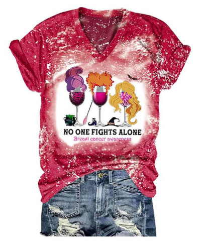 No One Fights Alone Breast Cancer Print Casual T-Shirt