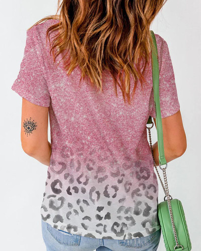 Pink Leopard Print  Casual V-Neck  Top