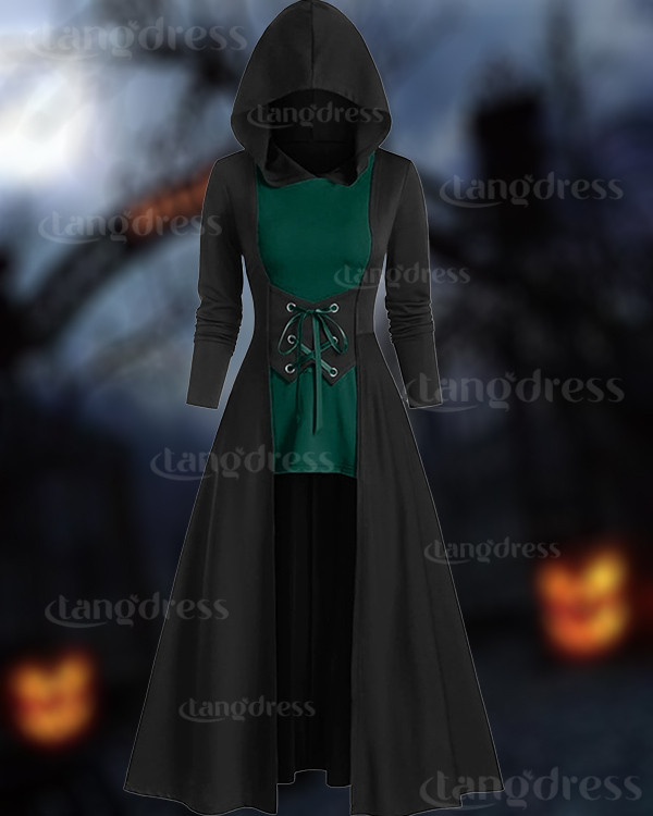Halloween Midi Tie-Up Contrast Cape Long Sleeve Dress