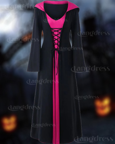 Halloween Witch Hooded Lace-up Plus Size Dress