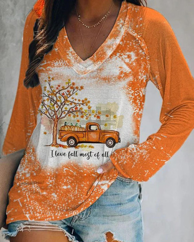 Women's Thanksgiving I Love Fall Most of All Maple Pumpkin Truck Print Long Sleeve Casual T-Shirt