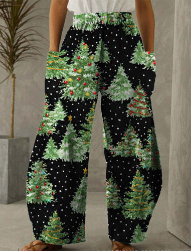 Christmas Black And Green Tree Print Casual Pants
