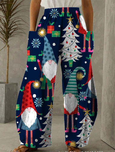 Christmas Tree Navy Blue Print Casual Pants