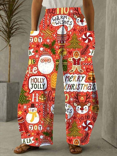 Christmas Red Cute Print Vintage Casual Loose Pants