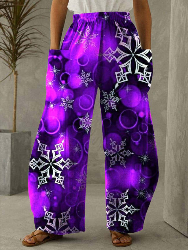 Christmas Purple Snowflake Print Vintage Casual Loose Pants