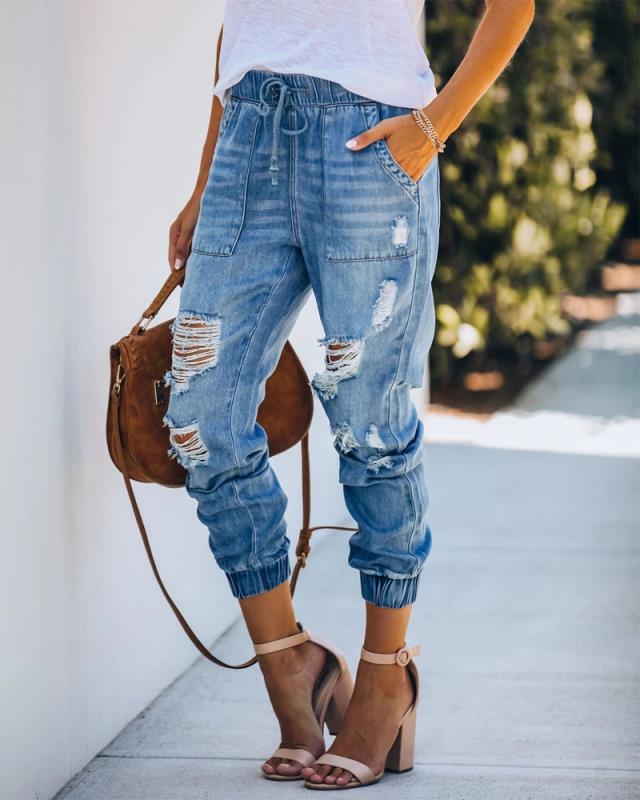 High-waisted slim ripped loose-fit jeans