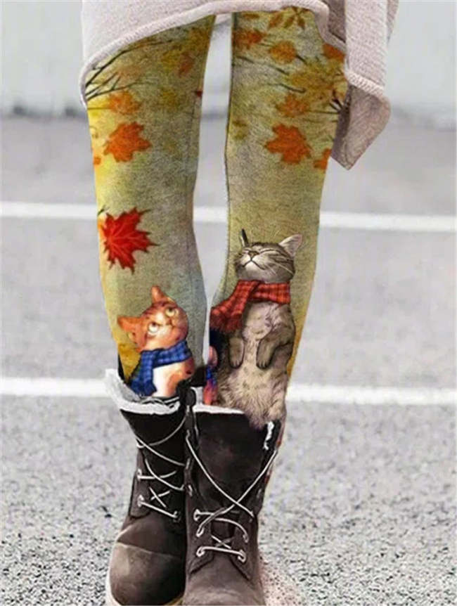 Women's Warm Christmas Cat Floral Leggings