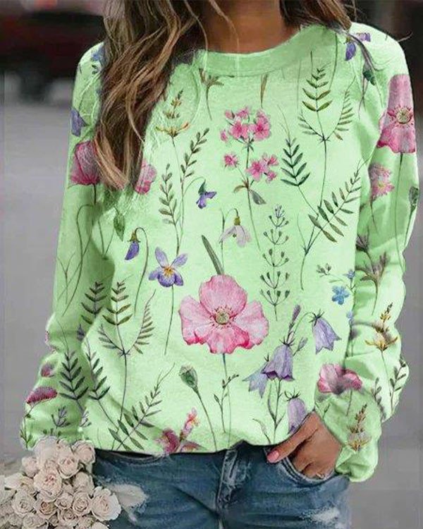 Floral Crew Neck Long Sleeves Sweatshirts