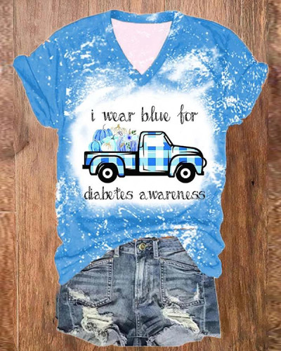 Women's Diabetes Concern In November We Wear Blue Bleach Print V-Neck T-Shirt