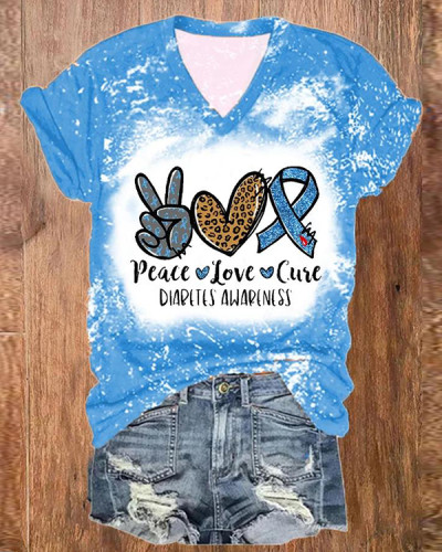 Women's Peace Love Cure Diabetes Awareness Print V-Neck Tee
