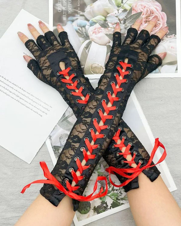 Halloween Lace Up Long Fingerless Gloves