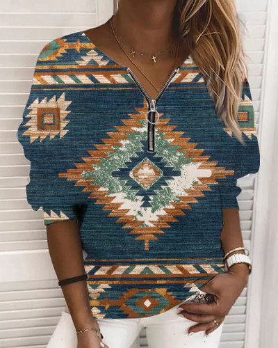 Western Ethnic V-Neck Long Sleeve Sweatshirt