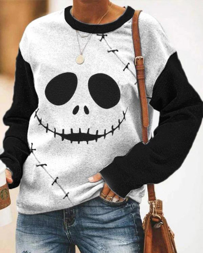 Women's Horror Face Print Loose Long Sleeve Crew Neck Sweatshirt