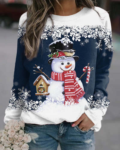Ladies Snowman Print Christmas Sweatshirt Casual Pullover Top