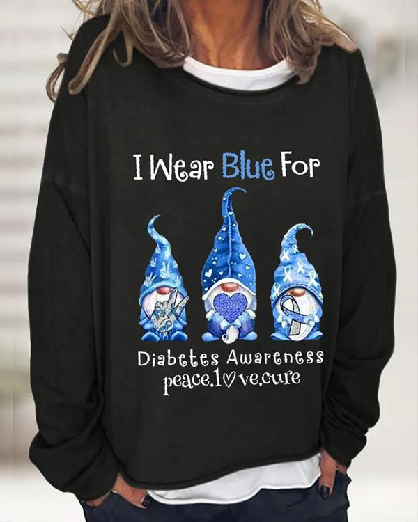 Women's I Wear Blue For Diabetes Awareness Gnomes Graphic Long-Sleeve T-Shirt