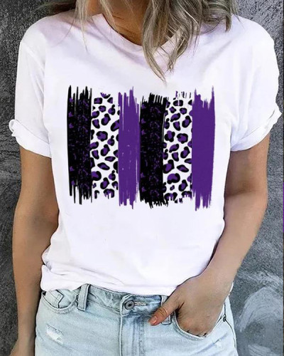 Casual Purple Leopard Print Crew Neck T-Shirt