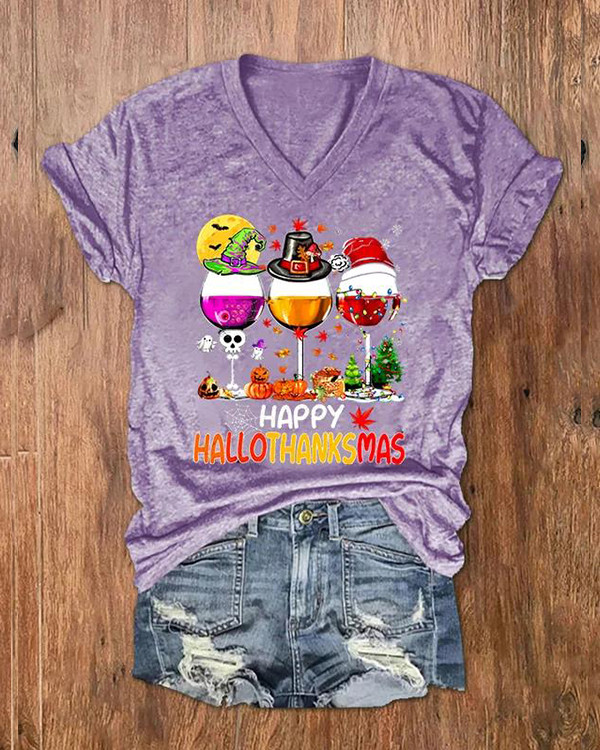 Women's Happy Hallothanksmas Wine Print V-Neck T-Shirt