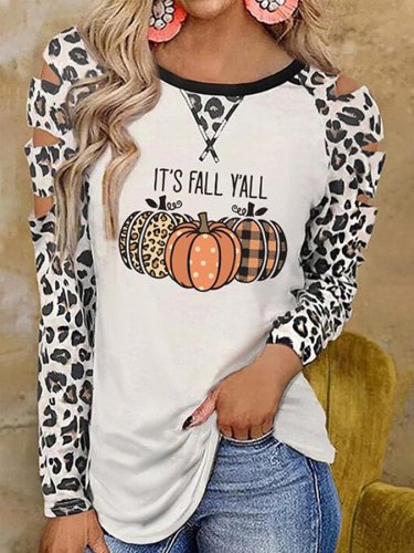 Women's Thanksgiving Halloween IT'S FALL Y'ALL Funny Pumpkin Leopard Print Off Shoulder Top