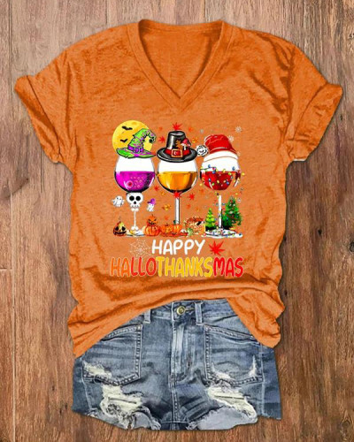 Women's Happy Hallothanksmas Wine Print V-Neck T-Shirt