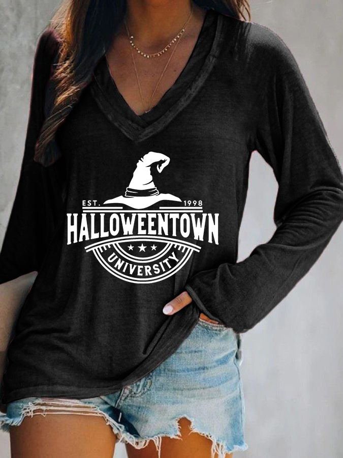Women's Halloweentown University Print Double Layer V-Neck Long Sleeve T-Shirt