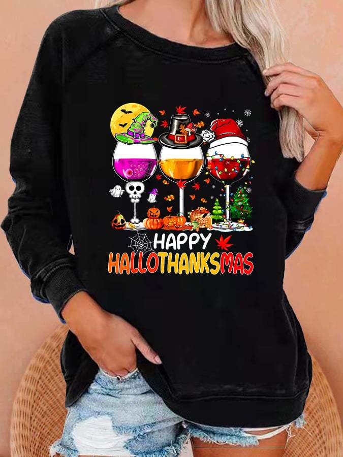 Women's Happy Hallothanksmas Wine Print Sweatshirt