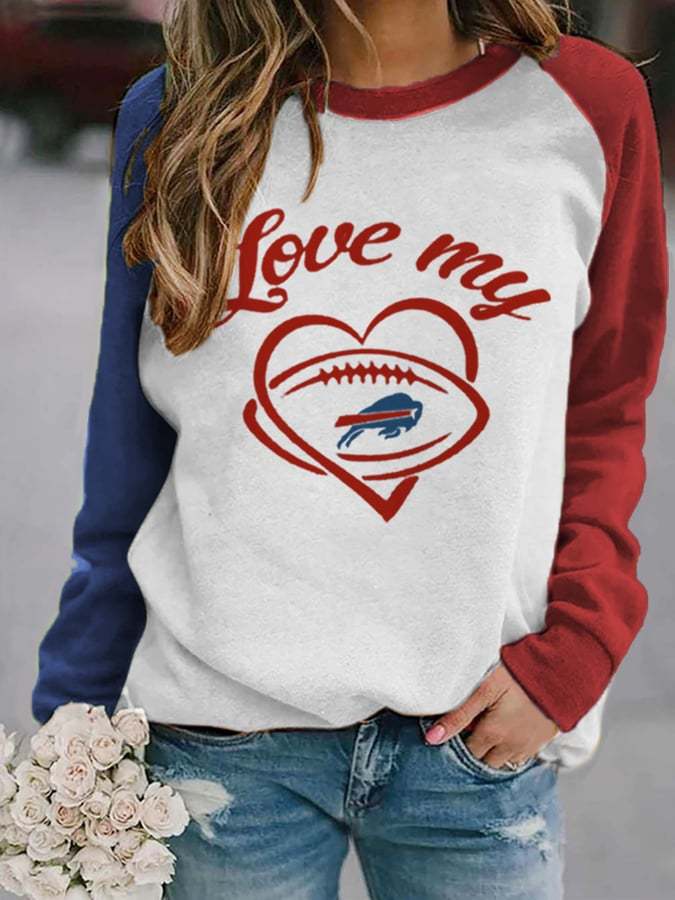 Women's Love My Buffalo Bills Football Lover Gameday Contrast Casual Sweatshirt