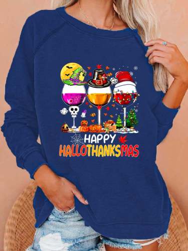 Women's Happy Hallothanksmas Wine Print Sweatshirt