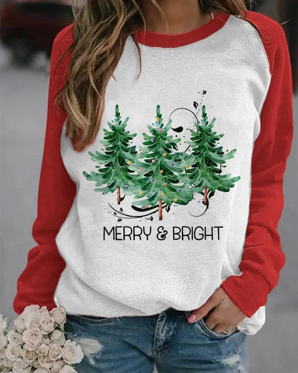 Women's Merry And Bright Christmas Tree Print Casual Sweatshirt