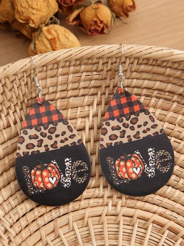 Women's Thanksgiving Plaid Leopard LOVE Pumpkin PU Earrings