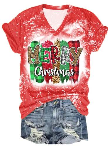 Women's Merry Christmas Bleach Print V-Neck Tee