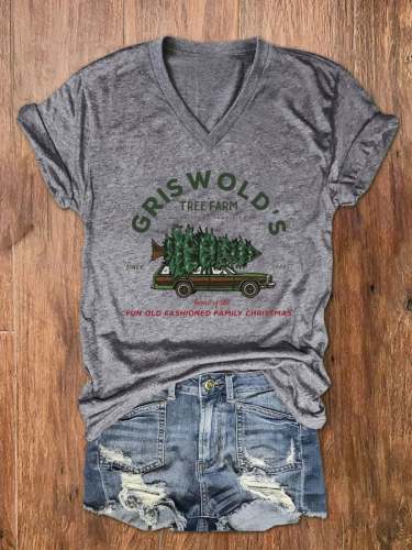 Women's Vintage Griswold Christmas Print V-Neck T-Shirt