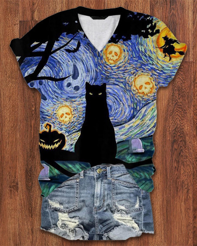 Women's Halloween Witch and Black Cat Print V-Neck T-Shirt