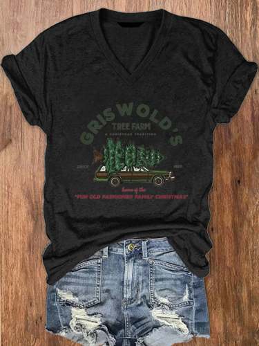 Women's Vintage Griswold Christmas Print V-Neck T-Shirt