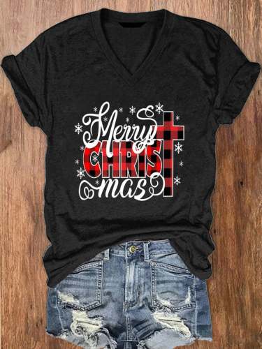 Women's Merry Christ Mas Christmas Jesus Print V-Neck T-Shirt