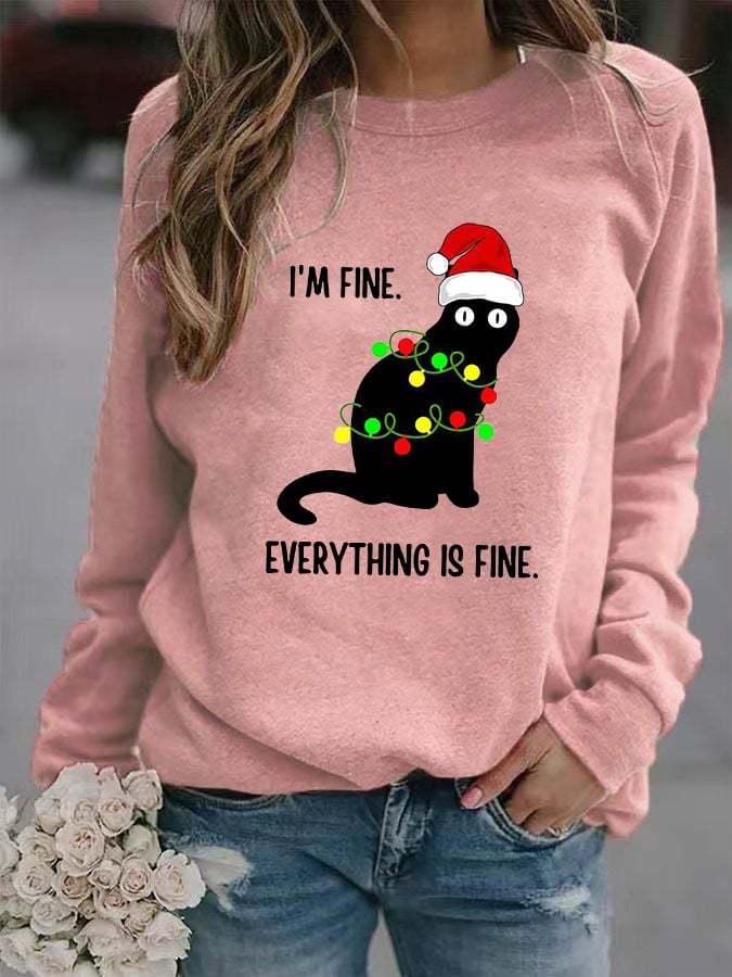 Women's Christmas I'm Fine Everything Is Fine Fun Cat Print Sweatshirt