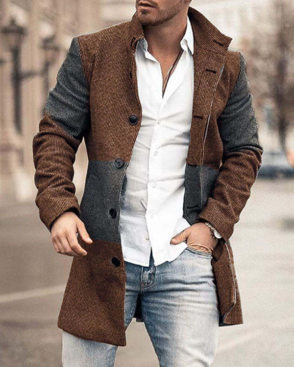 Men's Geometric Pattern Long Sleeve Mid Length Cardigan Trench Coat