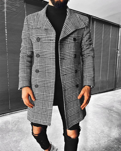 Men's Plaid Double Breasted Lapel Coat Mid-Length Coat