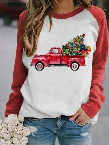 Women's Christmas Tree Red Truck Print Sweatshirt