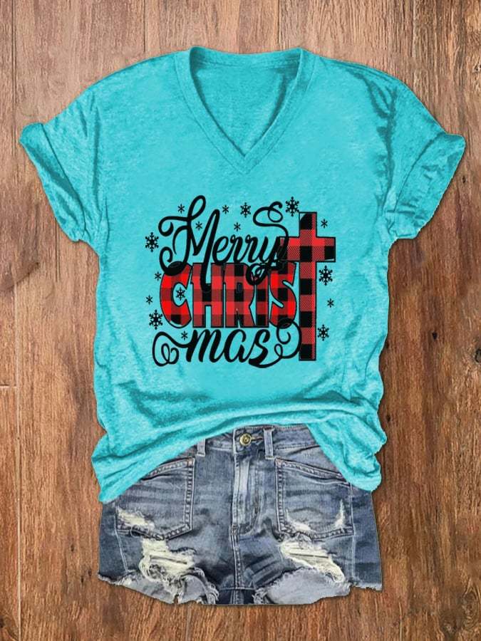 Women's Merry Christ Mas Christmas Jesus Print V-Neck T-Shirt