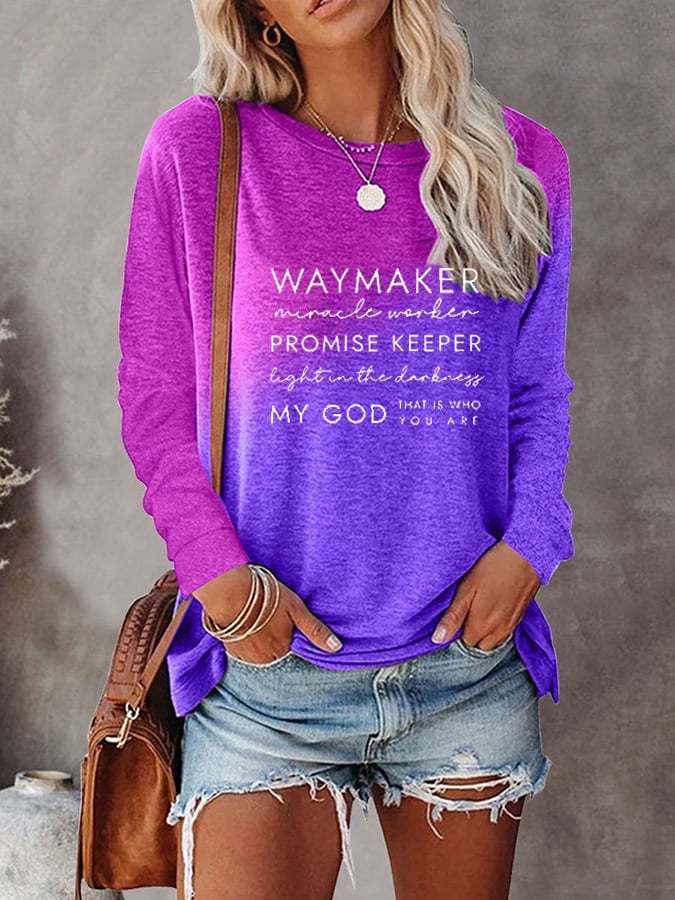 Women's Waymaker Miracle Worker Promise Keeper Light in the Darkness My God Printed Crew Neck Long Sleeve T-shirt