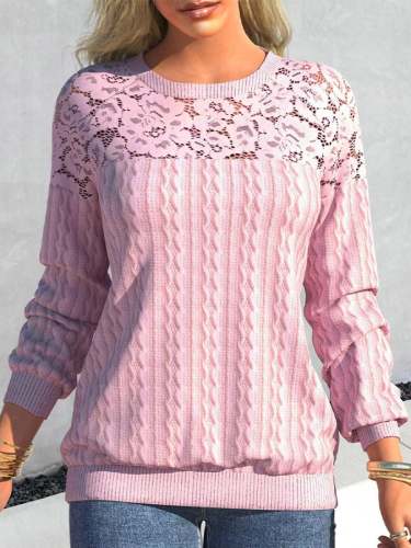 Pink Lace Patchwork Long Sleeve Round Neck Sweatshirt