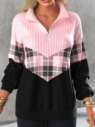 Pink Paneled Plaid Long Sleeve Zip Sweatshirt