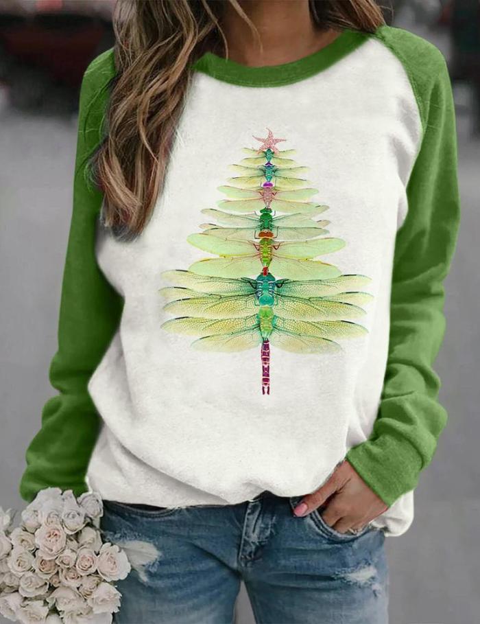 Christmas Dragonfly Tree Color Block Sweatshirt
