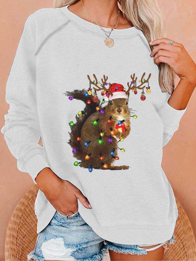 Women's Christmas Squirrel Lights Print Casual Sweatshirt